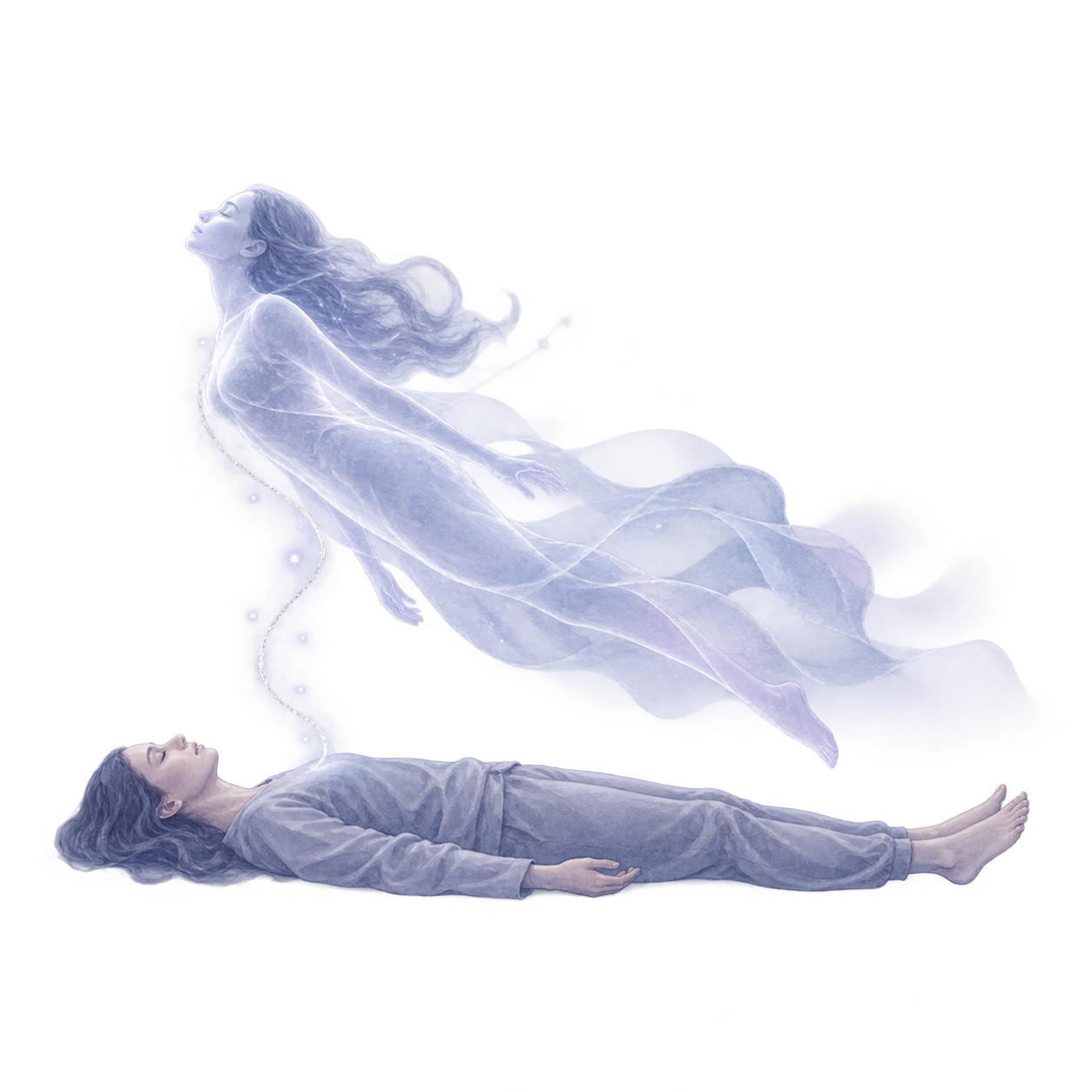 Illustration d’une personne allongée dont le double lumineux s’élève au-dessus du corps.